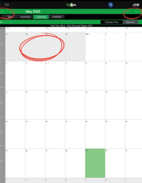 TipSee Calendar View - Monthly Tip Tracking