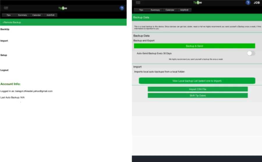 TipSee Backup Settings Interface