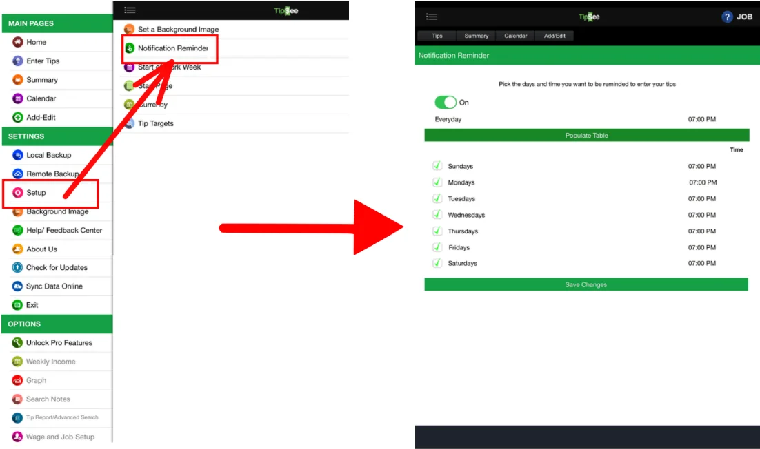 TipSee Notification Reminder Settings