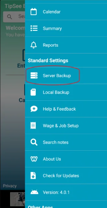 Step 1: WebcoastApps main menu showing Server Backup option highlighted