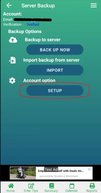 Step 2: Server Backup menu with Setup option highlighted