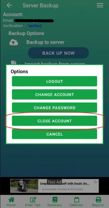 Step 3: Setup menu displaying Close Account option